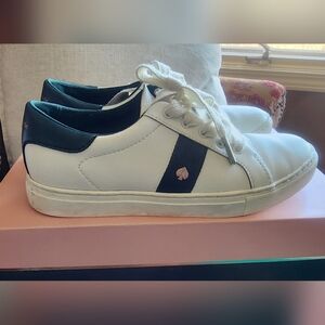 kate spade White Leather Sneakers with Navy Heel and Stripe